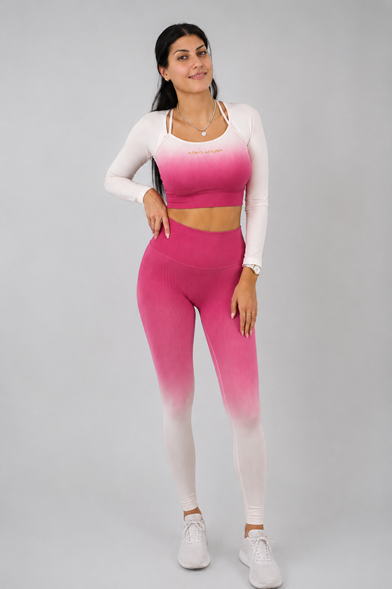 model in koo glow pink and white ombre designer activewear high quality sets