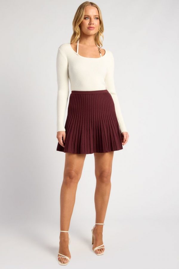KoKo Elodie off white ribbed halter knit top with long sleeves, square neckline and statement gold chain detail