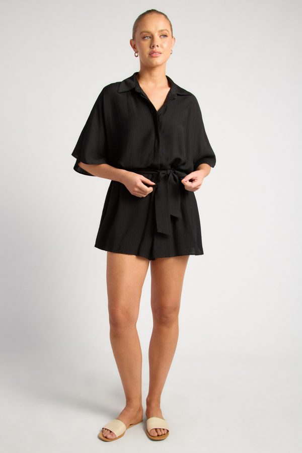 KoKo Noirelle black tie waist playsuit with button front, kimono sleeves and relaxed shorts