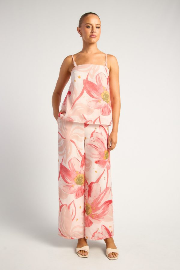 KoKo Rosabella faux linen beaded floral pants and top set with adjustable straps and high waisted wide leg pants