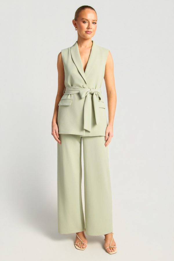KoKo Elysian sage vest and pants set with sleeveless lapel collar waist tie and tailored wide leg pants
