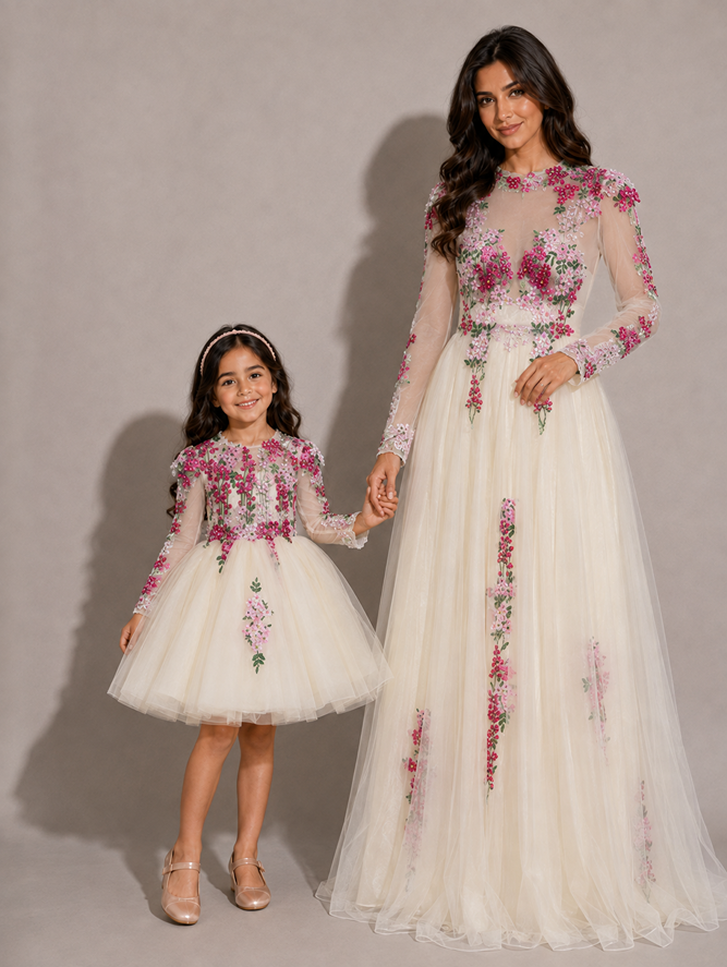 KoKo Florentina ivory fuchsia floral embroidered mum and daughter dresses