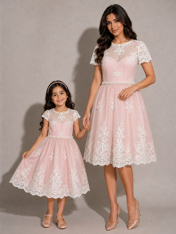 KoKo Lucienne blush and ivory lace pearl matching mum and daughter occasion dresses