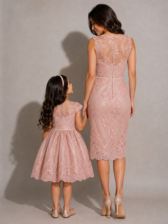 mother and daughter wearing matching party dresses dusty pink lace