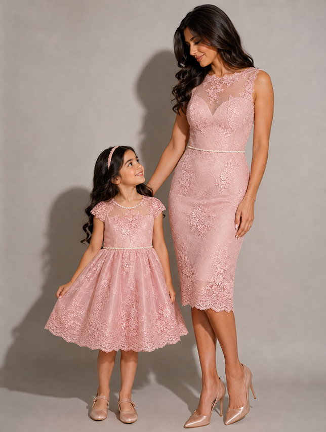 Mother and daughter in party dresses that are dusty pink