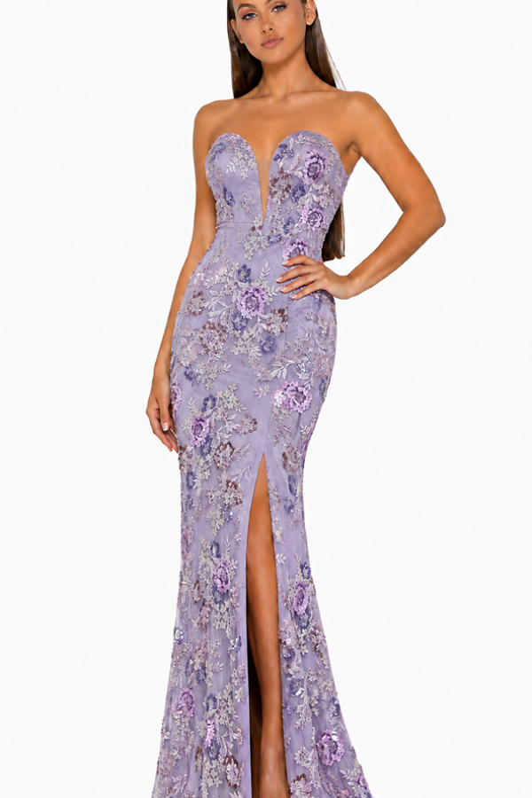 Portia & Scarlett 312320 Lavender Bloom mermaid gown with a strapless sweetheart neckline, floral embroidery and front thigh split.