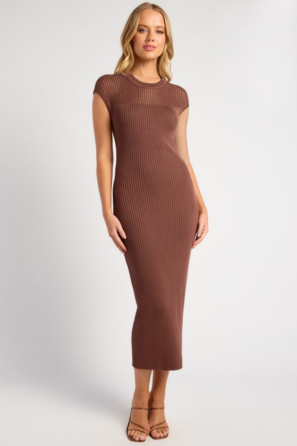 KoKo Amara chocolate-brown ribbed knit midi dress with cap sleeves, a round neckline and a fitted silhouette, shown on a model