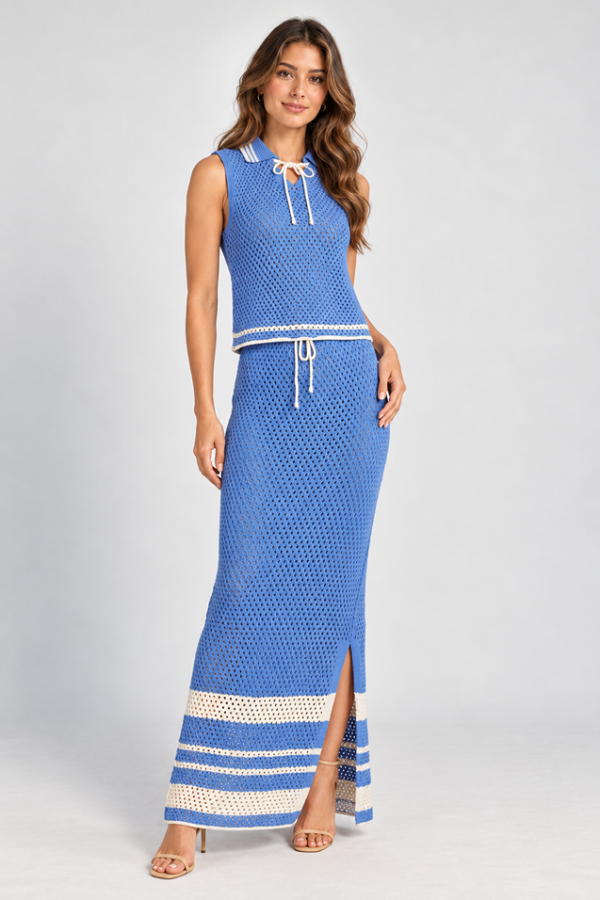 KoKo Azura blue openwork knit top and maxi skirt set with a sleeveless collared top, cream stripe trims and a side-split skirt, shown on a model